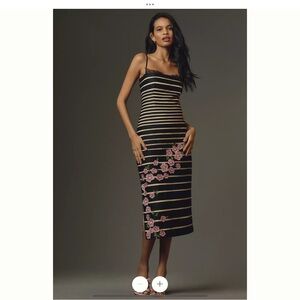 Mauve Black and Gold Striped Midi Dress with Pink Floral Accents